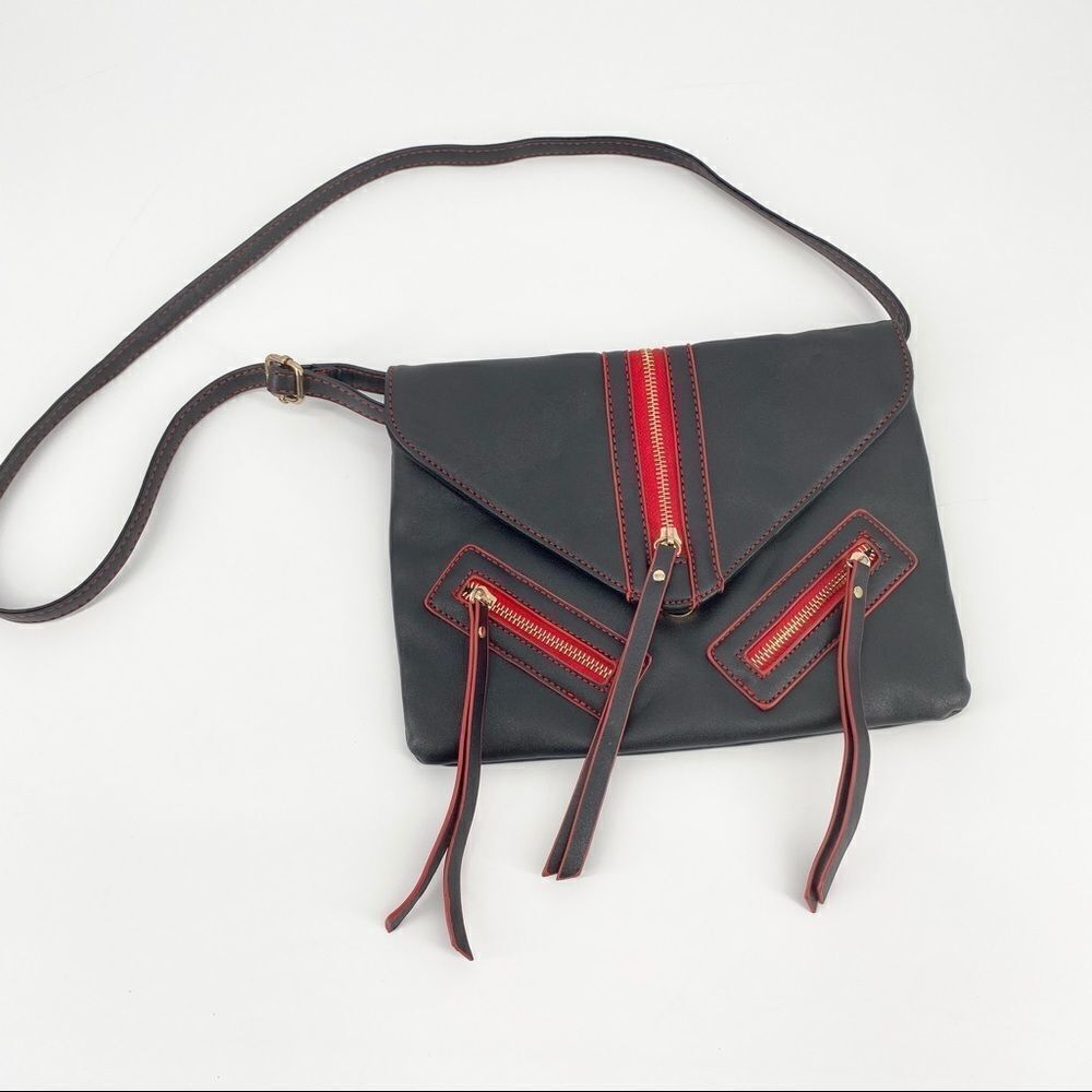 Olivia Miller Red Faux Leather Moto Crossbody Bag 80S retro Inspired Zippers